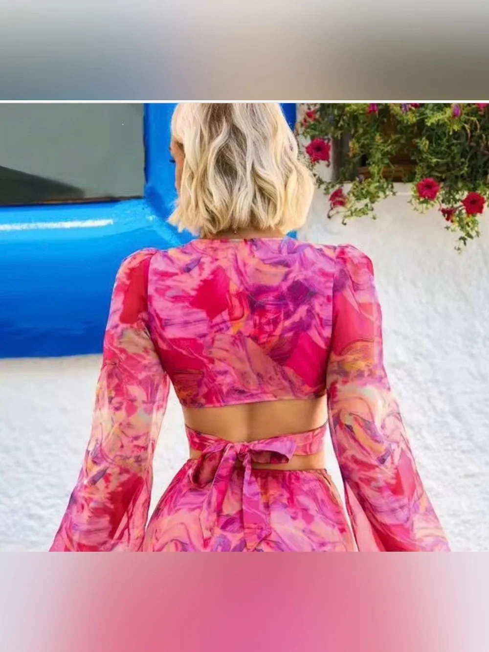 SHEIN Hot Pink Marble Watercolor Wrap Crop Top